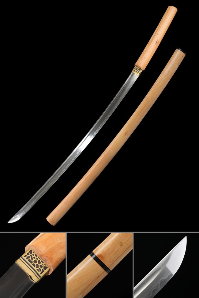 T10 Carbon Steel Shirasaya Katana with Real Hamon in Natural Wood Saya - Clay Tempered Full Tang Sword