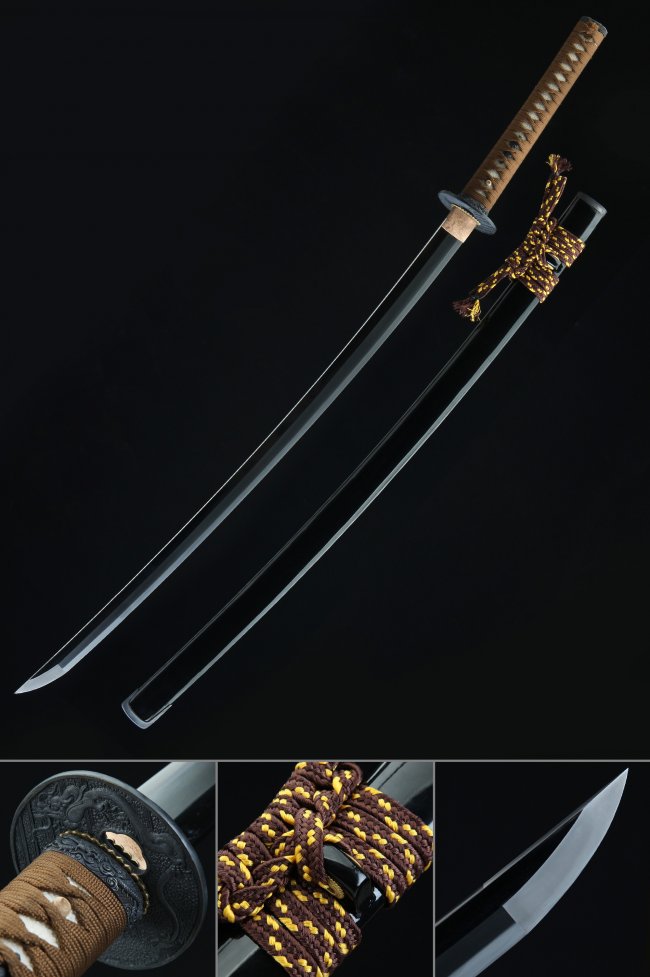 Tamahagane Steel Katana with Clay Tempered Hamon Blade in Black Lacquer Saya - Dragon Tsuba Brown-Gold Sageo