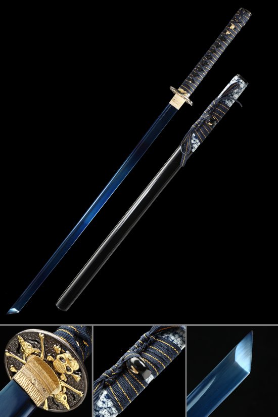 1095 Carbon Steel Ninjato with Blue Blade, Skull Tsuba - Dark Blue Ito Handle