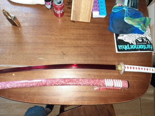 Handmade Japanese Katana Sword With Blood Red Blade And Scabbard