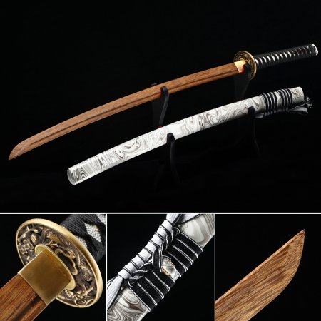 Handmade Japanese Wooden Unsharp Katana Sword With White And Black Scabbard