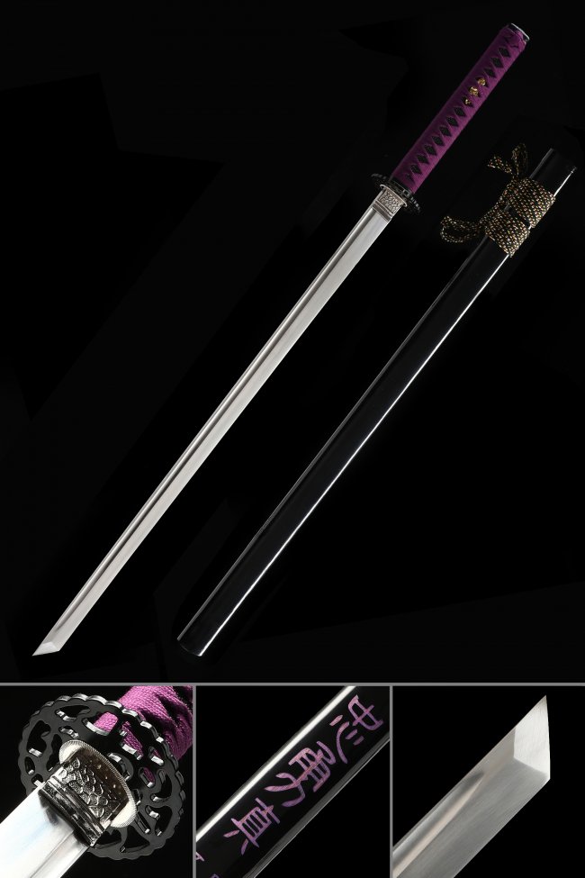 Manganese Steel Straight Sword with Purple Ito, Black Lacquer Saya - Law Replica