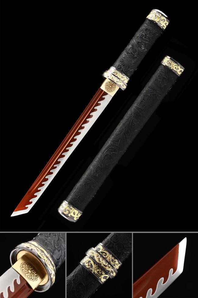 Manganese Steel Red Blade Hamidashi Tanto in Black Leather Saya with Gold-Silver Scroll Tsuba