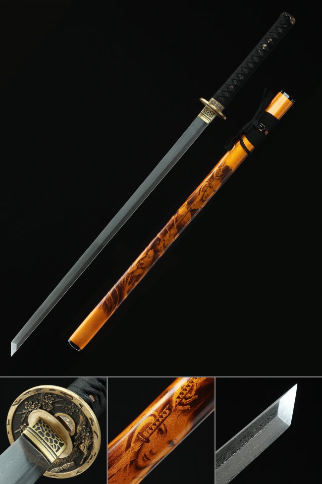 Melaleuca Folded Steel Chokuto Ninjato with Orange Dragon-Carved Saya - Straight Katana Replica