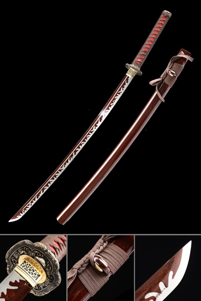 Damascus Steel Katana with Dark Red Blade - Flame Engraving, Black-Gold Tsuba, Brown-Red Handle