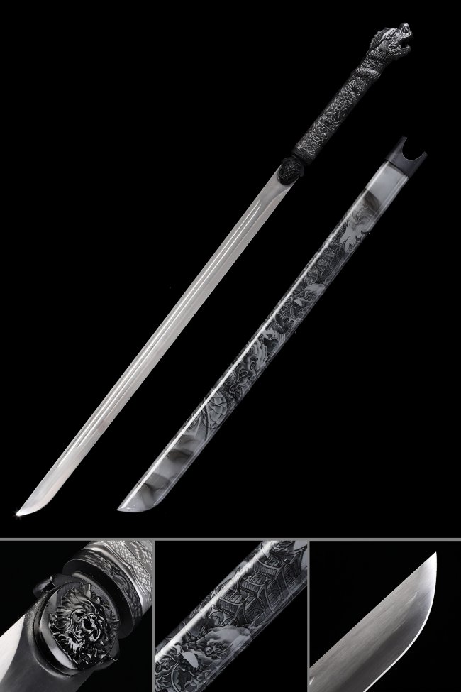 Manganese Steel Ninjato with Dragon Head Handle, Engraved Blade & Black Lion Tsuba