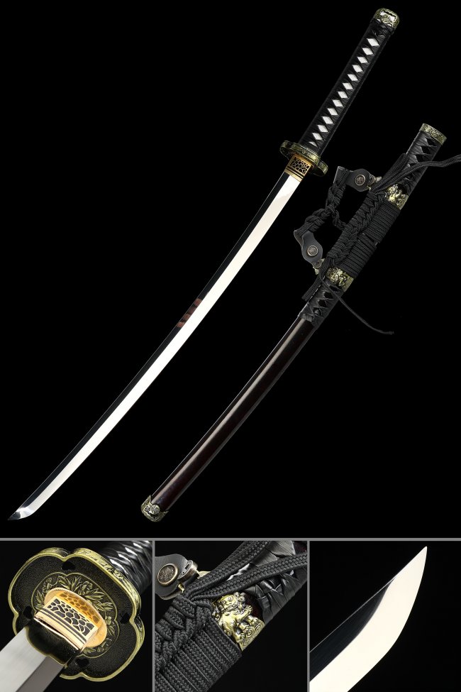 1095 Carbon Steel Tachi Sword - Full Tang High-Polish Blade with Chrysanthemum Gold-Black Alloy Tsuba