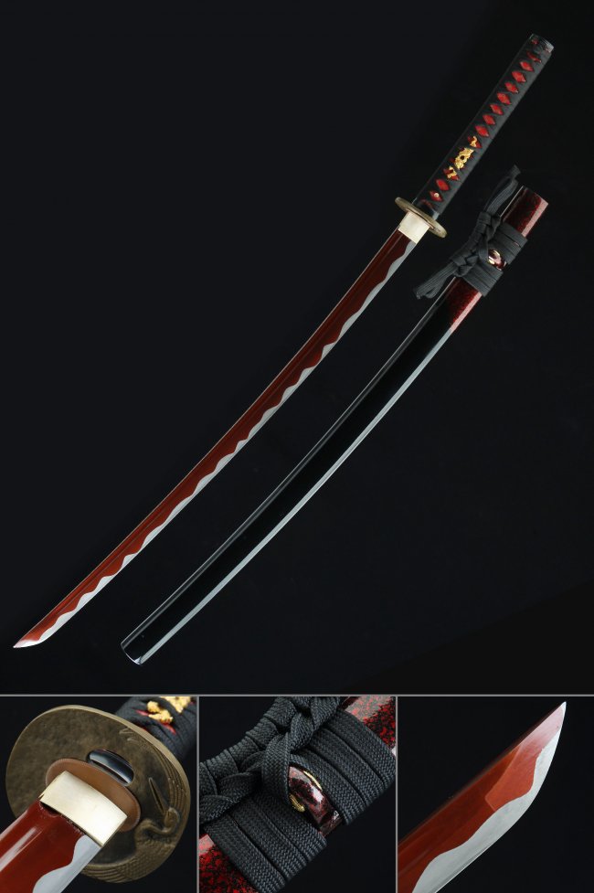 1045 Carbon Steel Katana with Red Blade - Black Cord Handle, Bronze Tsuba, Black Lacquer Saya