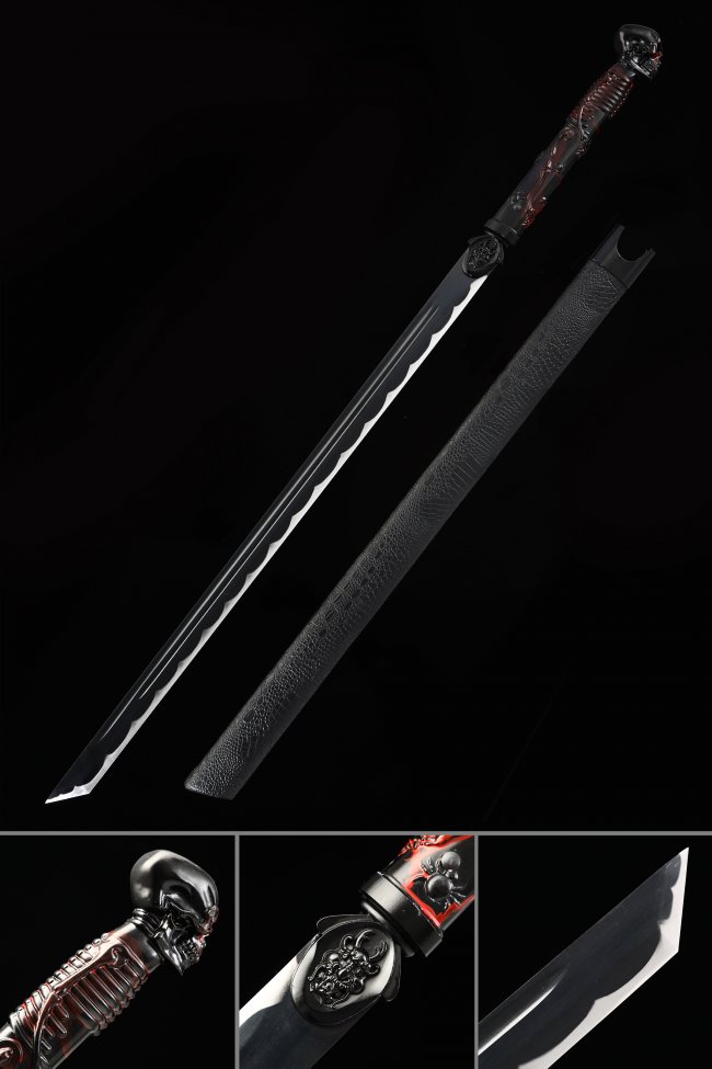 T10 Steel Clay-Tempered Ninjato with Skull Pommel in Black PU Leather Saya - Straight Ninja Sword