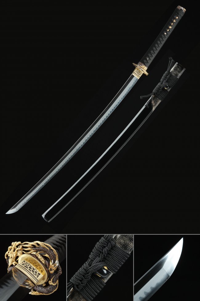 T10 Folded Clay Tempered Steel Katana with Gold Dragon Tsuba in Black Piano Lacquer Saya