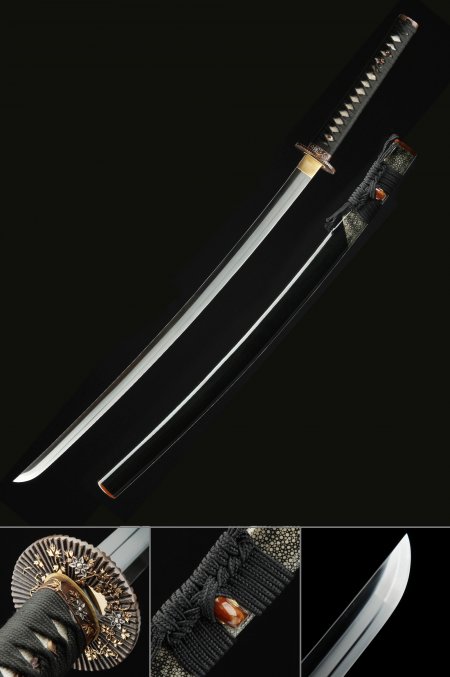 Handmade Genuine Katana Sword T10 Folded Clay Tempered Steel With Golden Sunflower Tsuba