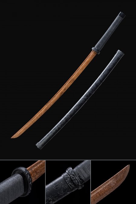 Handmade Wooden Blade Bokken Practice Katana Samurai Sword With Black Leather Scabbard