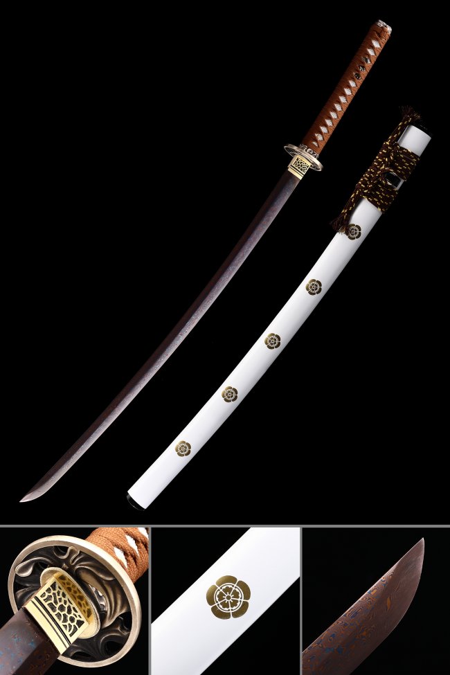 Damascus Steel Katana with Dark Red Blade, White Lacquer Saya and Bronze Cloud Tsuba