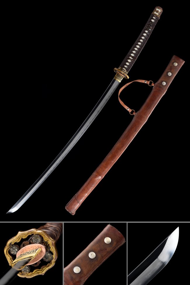 Chrysanthemum Tsuba Damascus Steel Katana, Full Tang, Brown Saya & Brown Tsuka