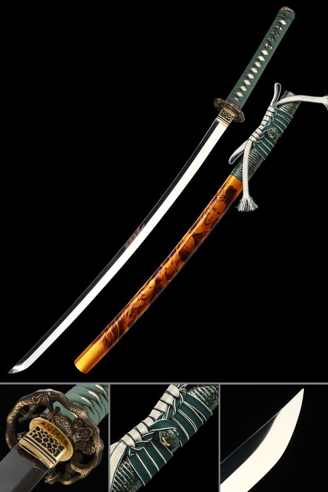 Dragon Tsuba 1095 Carbon Steel Katana, Full Tang, Handcrafted & Orange Brown Dragon Saya