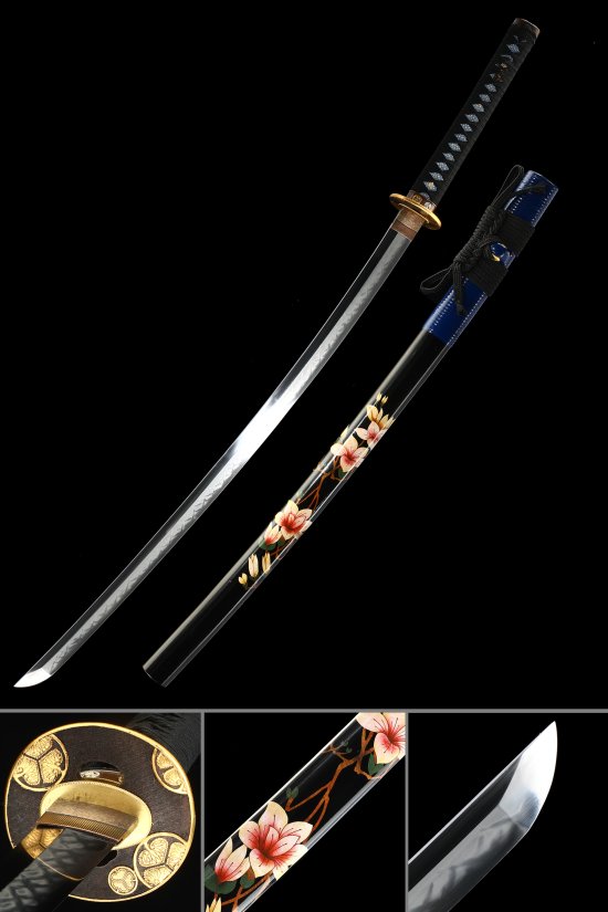 Chrysanthemum Tsuba T10 Carbon Steel Katana, Clay Tempered, Handmade & Black Flower Saya