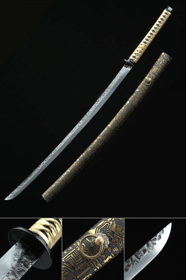 Manganese Steel Katana with Bronze Totem Leather Saya in Gold and Dark Blue - Collectible Samurai Sword