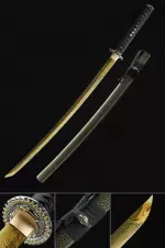 Handmade Japanese Katana Sword With Golden Blade And Olive Scabbard