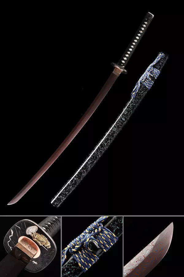 Handmade Japanese Katana Sword Damascus Steel With Red Blade