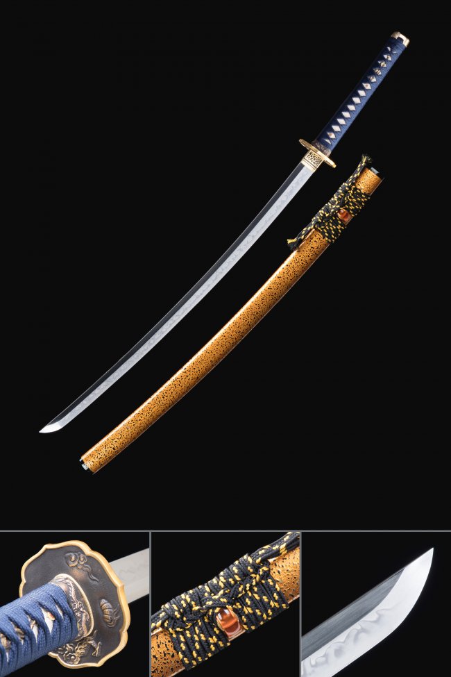 Dragon Tsuba T10 Carbon Steel Katana, Real Hamon, Handmade & Orange Saya