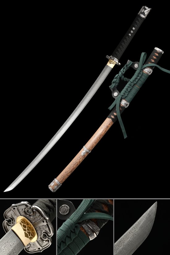 Damascus Steel Tachi Sword - Full Tang Manganese Steel Blade with Natural Rosewood Saya, Black Tsuka & Green Sageo