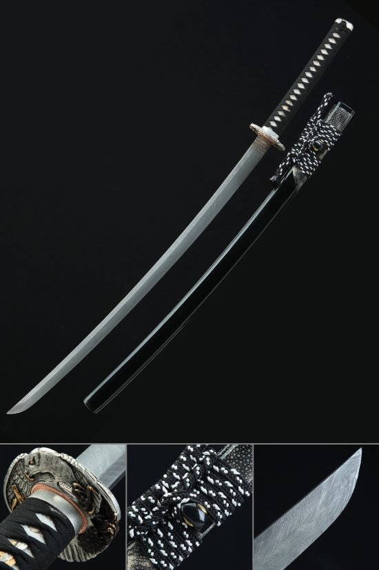 Damascus Steel Katana with Silver Eagle Tsuba - Black Piano Lacquer Saya, Black-White Cord
