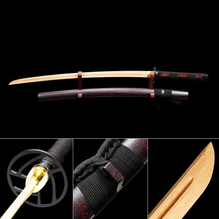 Handmade Natural Bamboo Wooden Blade Unsharpened Katana Samurai Swords With Dark Red Scabbard