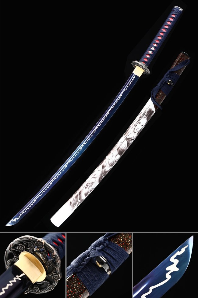 Manganese Steel Katana with Dark Blue Blade, Lightning Hamon, White Lacquer Saya - Plum Blossom Tsuba