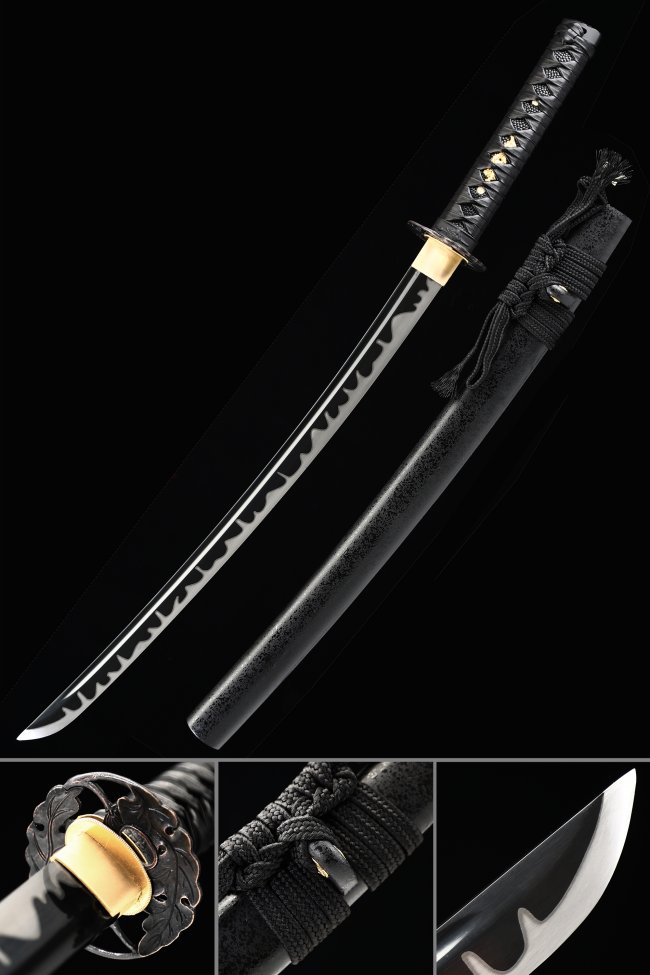 Manganese Steel Black Blade Wakizashi with Flower Tsuba and Black Lacquer Hardwood Saya