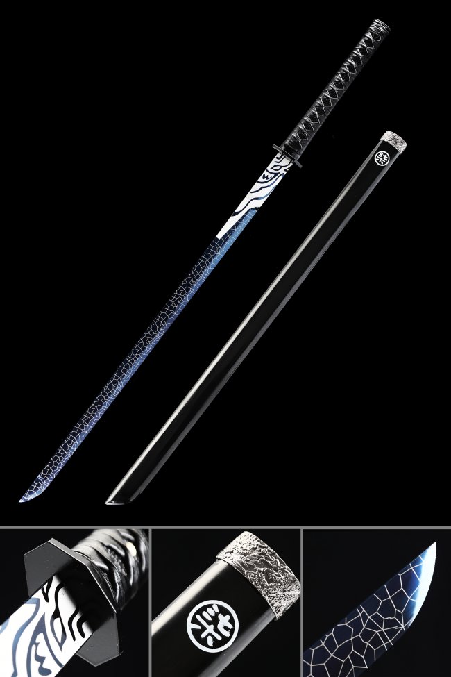 Ninjato Straight Katana in Manganese Steel with Blue Crackle Blade - Black Lacquer Saya, Wave Tsuba