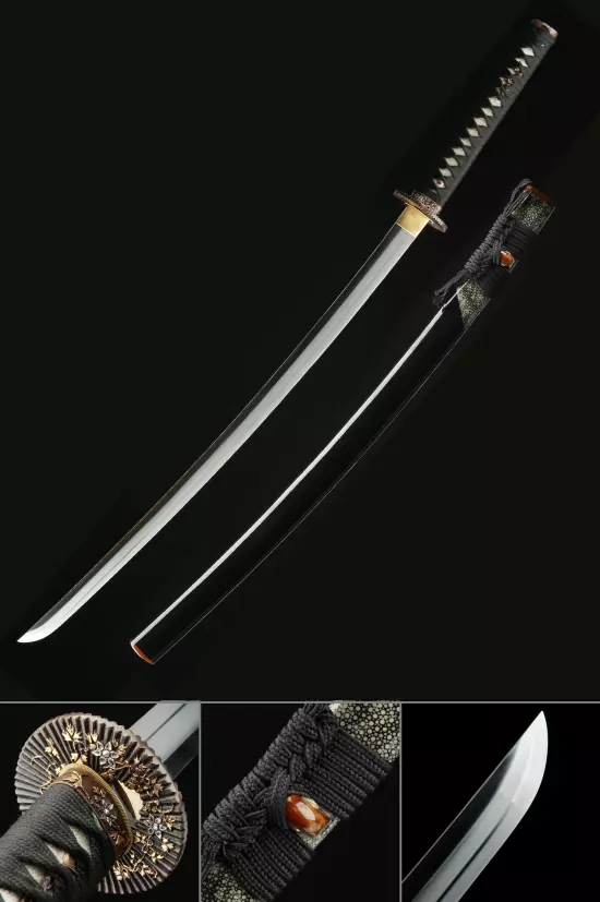 Handmade Japanese Katana Sword T10 Folded Clay Tempered Steel With Sunflower Tsuba