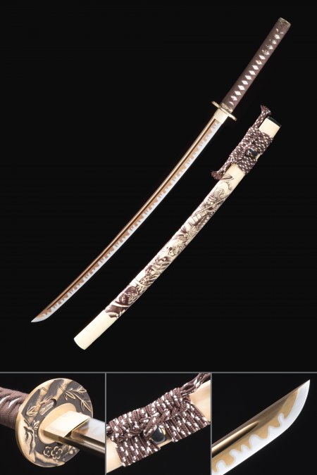 Handmade Japanese Katana Sword T10 Carbon Steel Real Hamon With Golden Blade