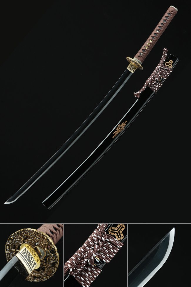 Black Blade Katana in Manganese Steel with Dragon Tsuba, Brown Cord Handle & Black Lacquer Saya