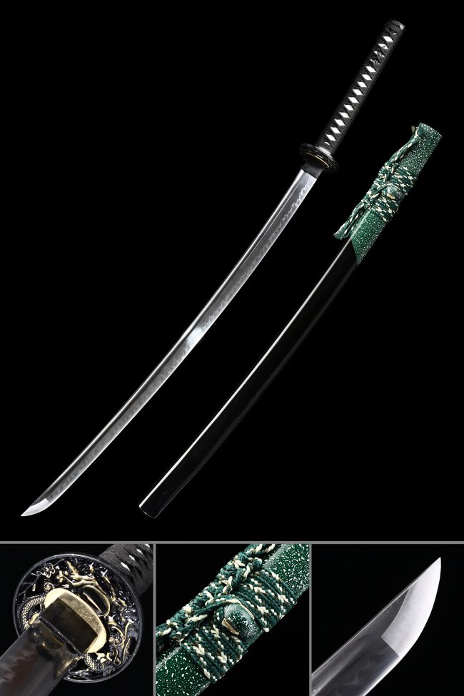 Damascus Steel Katana with Black Lacquer Saya, Dragon Tsuba in Black-Gold & Green Sageo