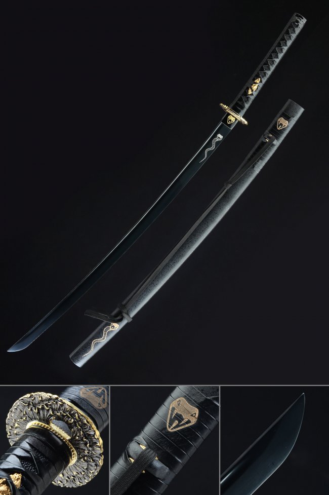 Black Blade Katana - T10 Steel Clay Tempered Sword with Snake Engraved Saya and Gold Alloy Tsuba