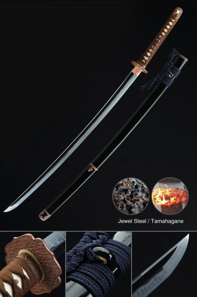 Tamahagane Steel Katana with Dragon Tsuba, Brown Cord Handle in Black Lacquer Saya
