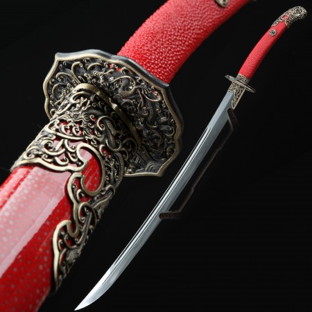 High-performance 1000 Layer Folded Steel Real Hamon Chinese Broadsword With Red Rayskin Scabbard