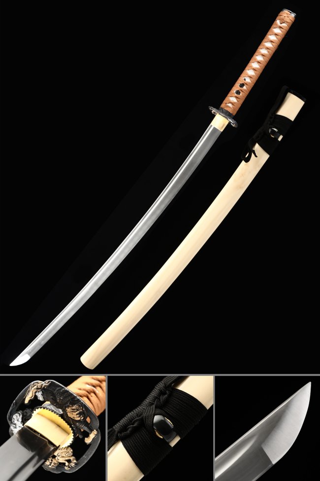 1065 Carbon Steel Katana Sword with Natural Wood Saya and Dragon Alloy Tsuba - Brown Ito Wrap