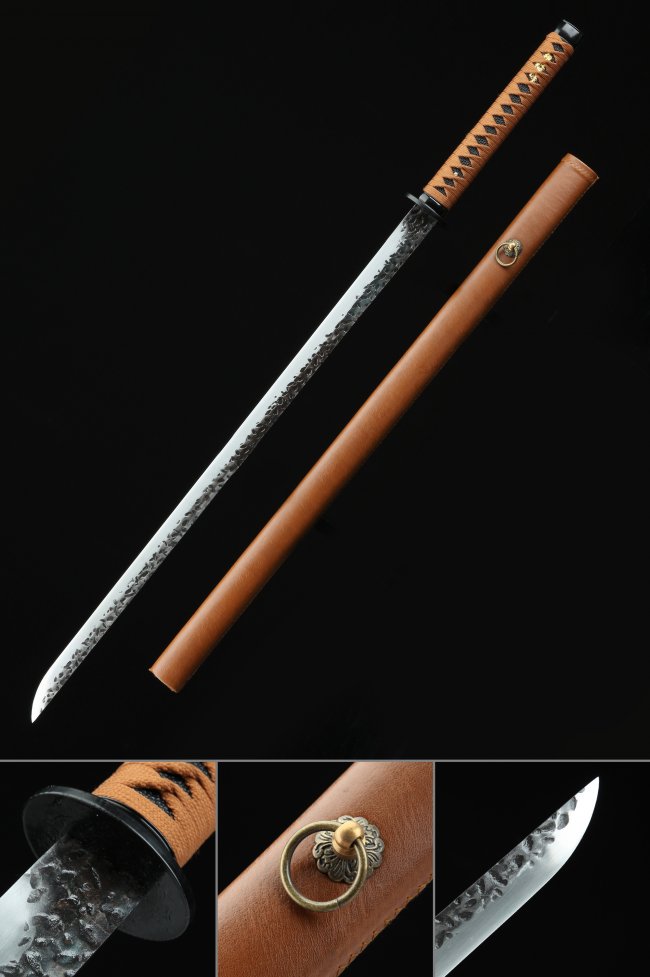 Manganese Steel Ninjato with Hammered Blade in Brown PU Leather Saya - Full Tang Koshirae