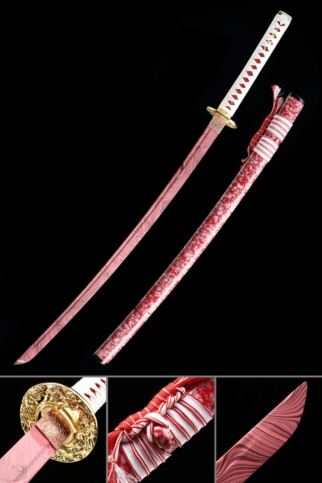 Pink T10 Steel Clay-Tempered Katana with Gold Floral Tsuba in Red-White Cherry Blossom Saya
