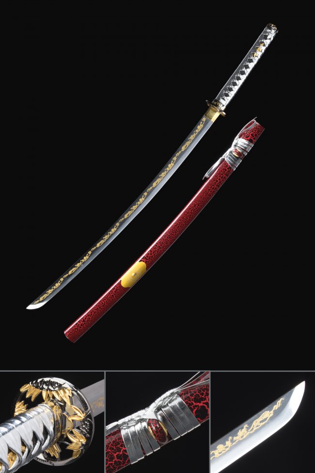1060 Carbon Steel Katana with Gold Laser-Engraved Blade in Red Crackle Saya - Silver Ito Wrap