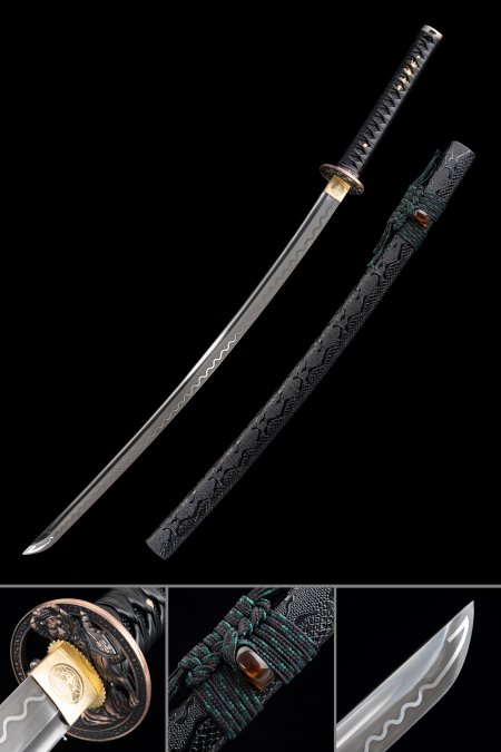 Handmade Japanese Katana Sword Pattern Steel With Black Leather Scabbard