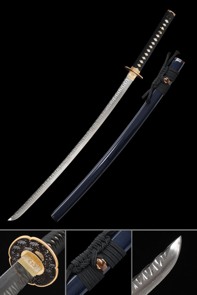 Damascus Steel Katana with Blue Lacquer Saya - Full Tang Folded Blade, Black-Gold Geometric Tsuba