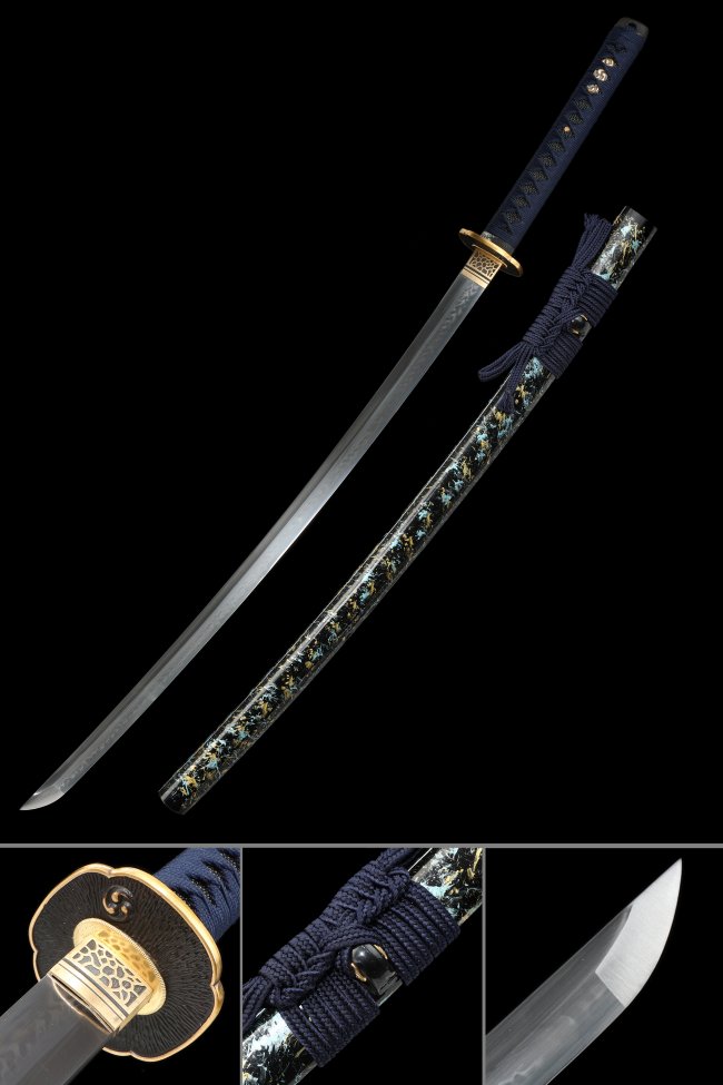 Ornate Scroll Tsuba T10 Carbon Steel Katana, Full Tang, Handmade & Black Teal Dragon Saya