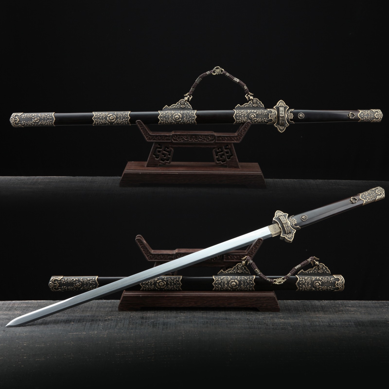 Tang Jian Sword | Black Peony Flower Theme Handmade Damascus Steel Tang ...