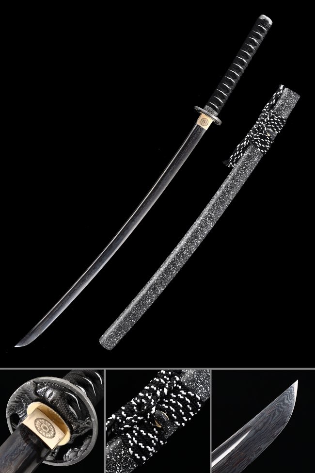 T10 Carbon Steel Katana with Crane Eagle Tsuba - Black-Silver Marble Saya, Black-White Cord Handle
