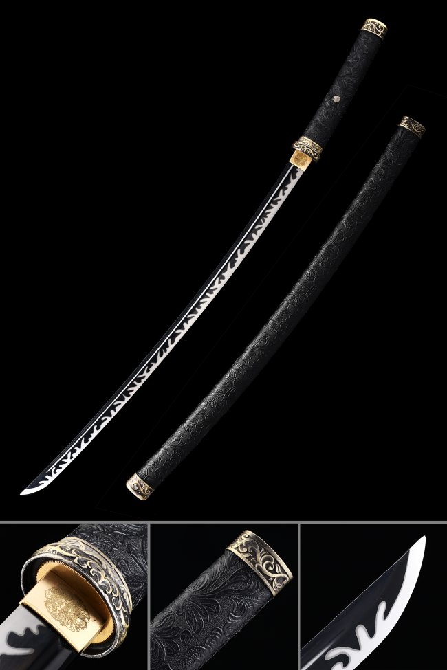 Manganese Steel Full Tang Katana with Black PU Leather Saya and Gold Alloy Fittings - Collectible Samurai Sword