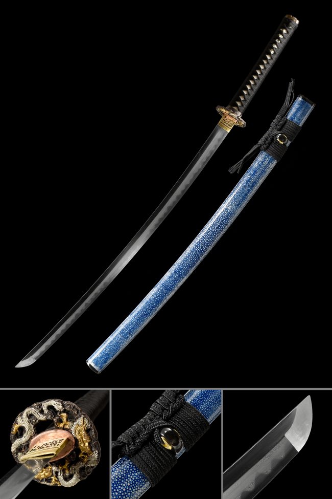 Damascus Steel Katana with Dragon Tsuba - Blue Rayskin Saya, Black Cord Handle