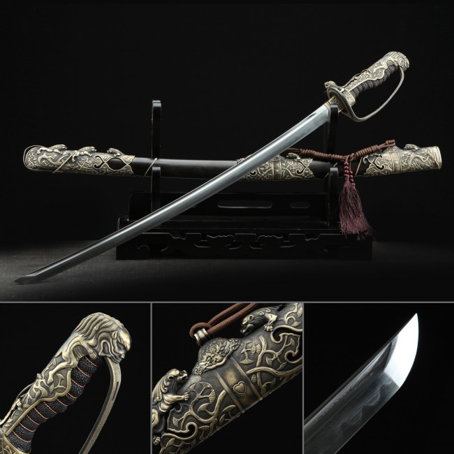 Melaleuca Steel Katana with Real Hamon - Bronze Lion Tsuba, Black Hardwood Lacquer Saya, Full Tang