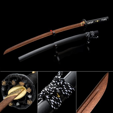 Handmade Brown Wooden Blunt Unsharpened Blade Katana Samurai Sword With Flower Tsuba